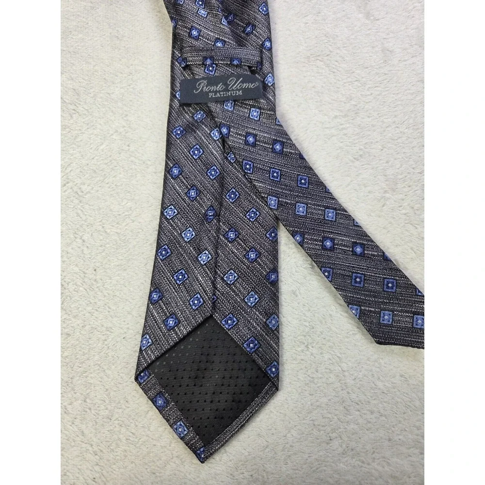 Pronto Uomo Platinum Tie Gray Blue Geometric Textured Stripe Classic Width Mens